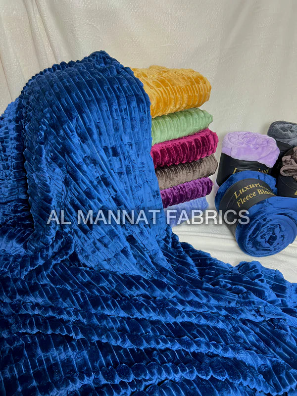 Flannel Fleece Embossed Plain Blanket-Navy-Blue